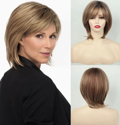 Real Human Hair Fashion for Women Hair Style Short Brown Mix Blond Wavy Wig 12In