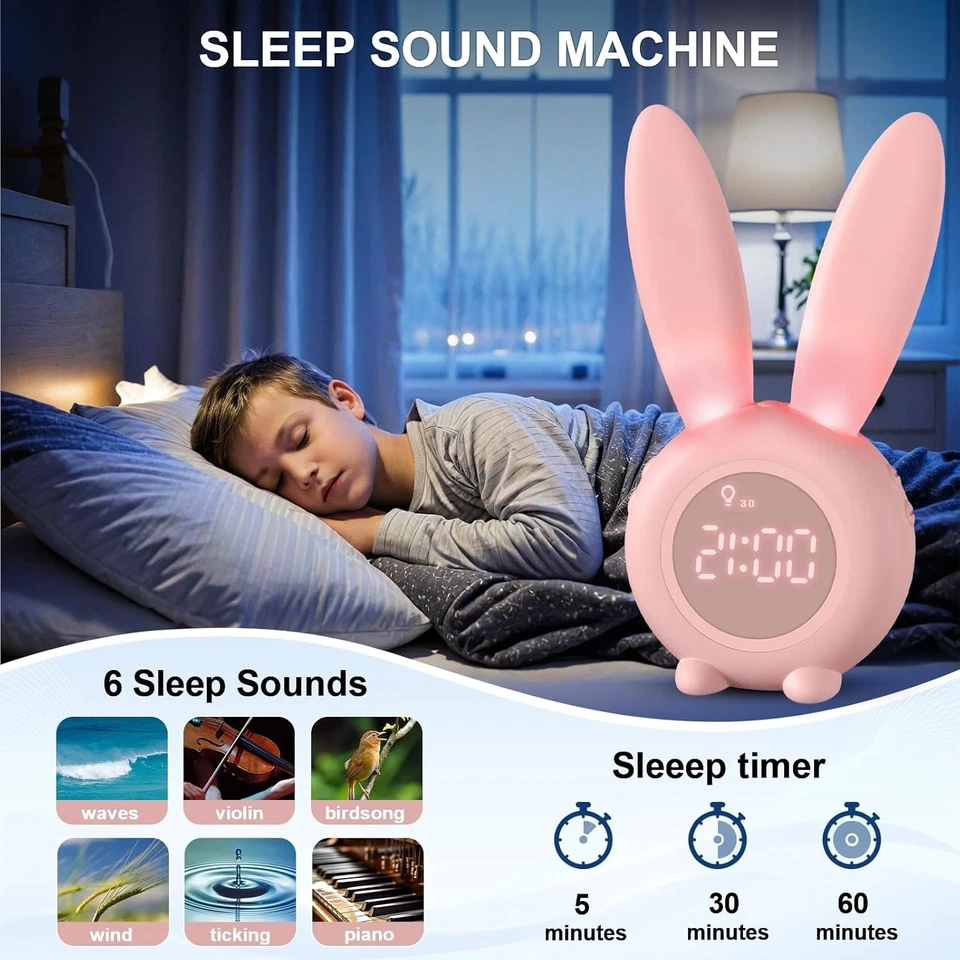Sveglia Bambini Coniglio da Comodino con Luce Notturna Funzione Snooze Timer - Immagine 2 di 4