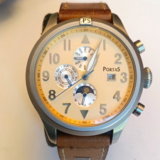 PortaS Herren Automatik Armbanduhr Leder braun beige Mondphase Tag/Datum 5ATM