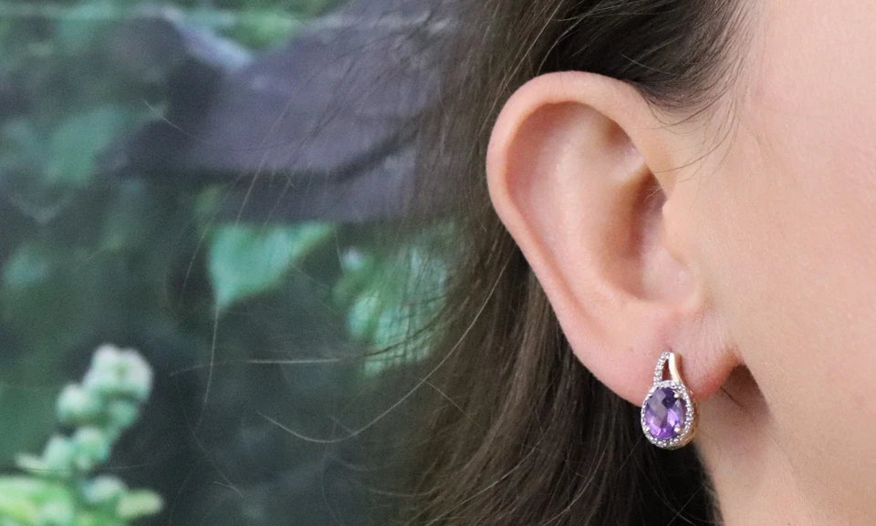 Pendientes de diamantes y amatista natural de oro amarillo de 10 k poste de 1/2" x 3/8" pulgadas Foto 4 de 4