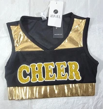 iEFiEL Girl's Black & Metallic Gold Glitter Cheer Cropped Tank Top - US Size 6