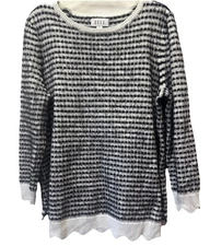 Elle Sweater Women XXL Tunic Sweater Pull Over Striped Soft Fuzzy Black Ivory