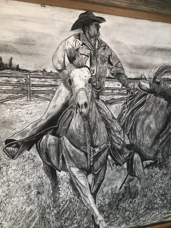 Lápiz Carbón Original Caballo Vaquero Western Rodeo Dibujo 24 X 20 Firmado WVA. Foto 2 de 4