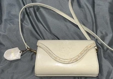 Vintage Belle Rose Beige Authentic Leather Satchel Crossbody Sholder Bag Snap.