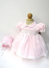 NWT Will'beth Pink Sheer Overlay Smocked 2p Dress Preemie Bonnet Baby Girls  00