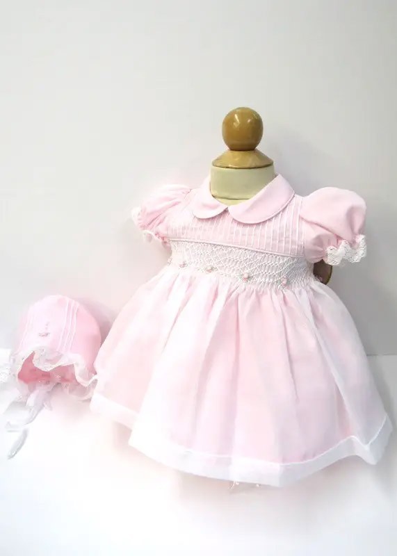 NWT Will'beth Pink Sheer Overlay Smocked 2p Dress Newborn Bonnet Baby Girls NB 0