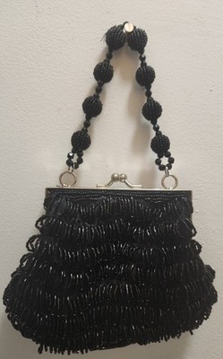 9 West Black Seed & Bugle Hand Bead Purse Silvertone Frame Two-sided Plus Chain