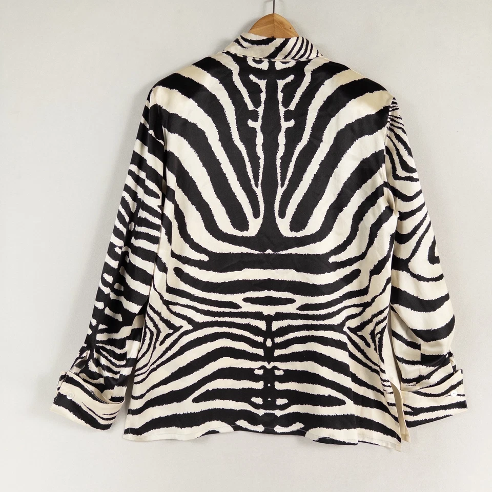 Blusa Camisa Paolo Santini Talla 10 Negra Marfil Estampado Cebra Abotonada 100% Seda De Colección Foto 3 de 4