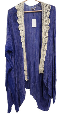 Devi Frere Womens BOHO Kimono Top One Size Navy Lace Trim Hippie Beach NWT