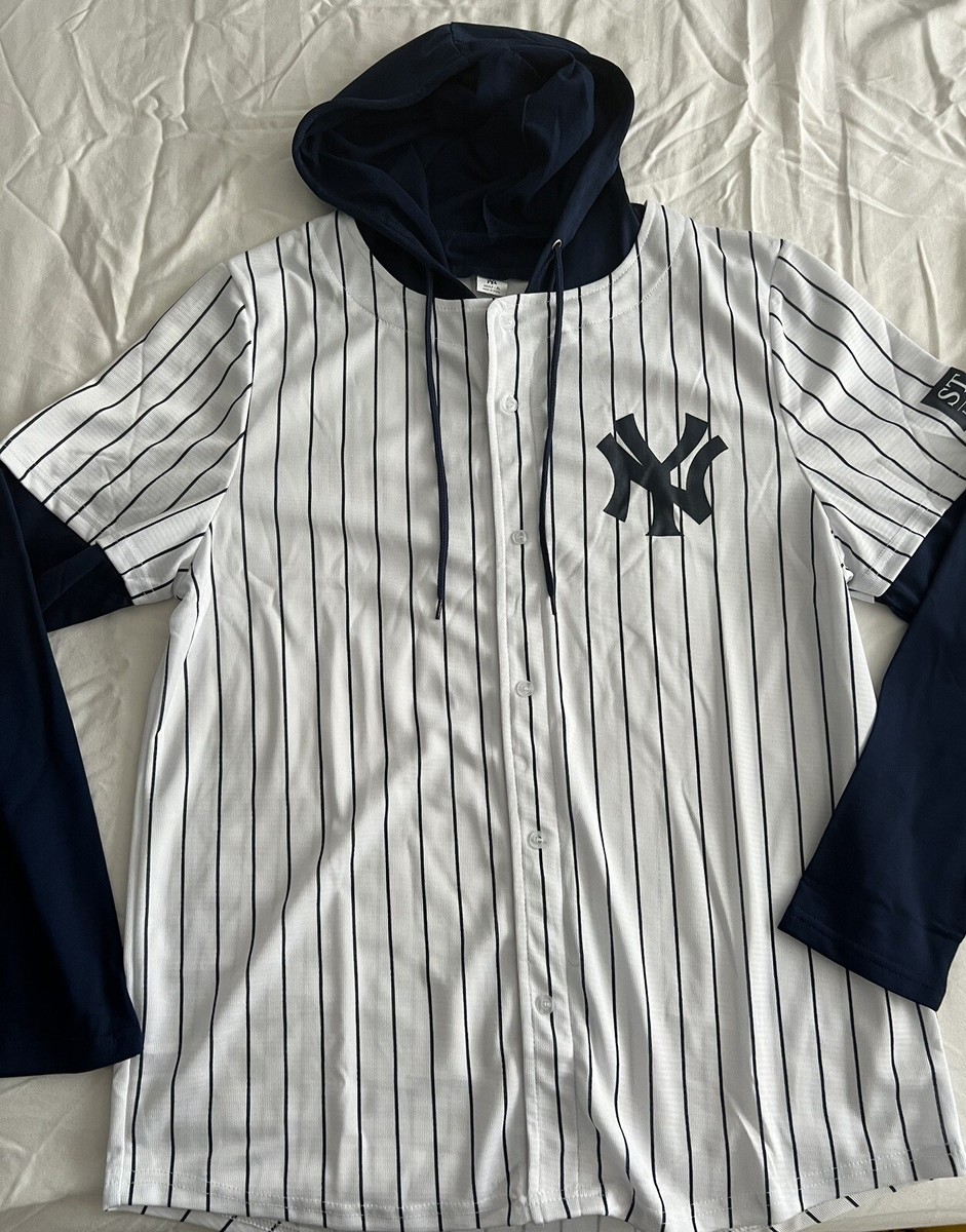 NY YANKEES JERSEY HOODIE SHIRT SGA XL LONG SLEEVE PINSTRIPES NY YANKEES JERSEY HOODIE SHIRT SGA XL LONG SLEEVE PINSTRIPES