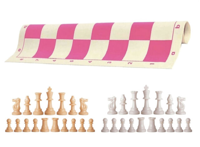 Natural & White Chess Pieces 20" Pink Vinyl Board - Triple Weight Chess Set