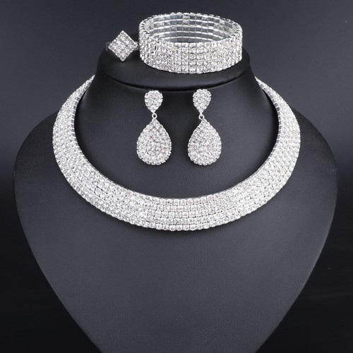 Crystal Bridal Jewelry Sets Silver Plated Rhinestone Necklace Earrings Bracelet  - Picture 1 of 22