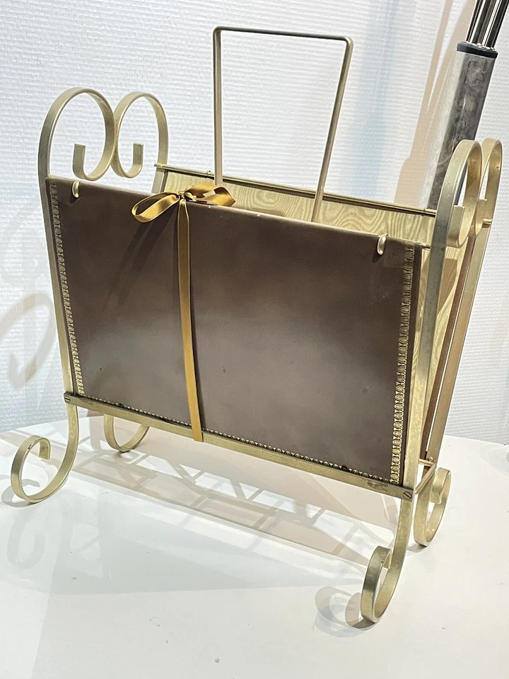 Splendide Ancien Porte Revues Vintage En Métal Doré Et Cuir - Photo 4/4
