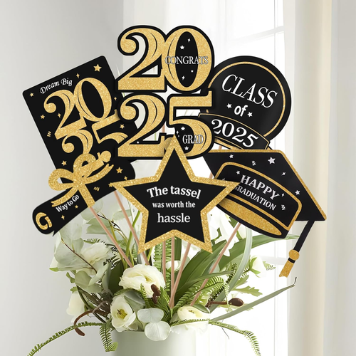 Graduation Decorations 2025 - 30 Pack Black and Gold Grad Centerpiece Sticks - C