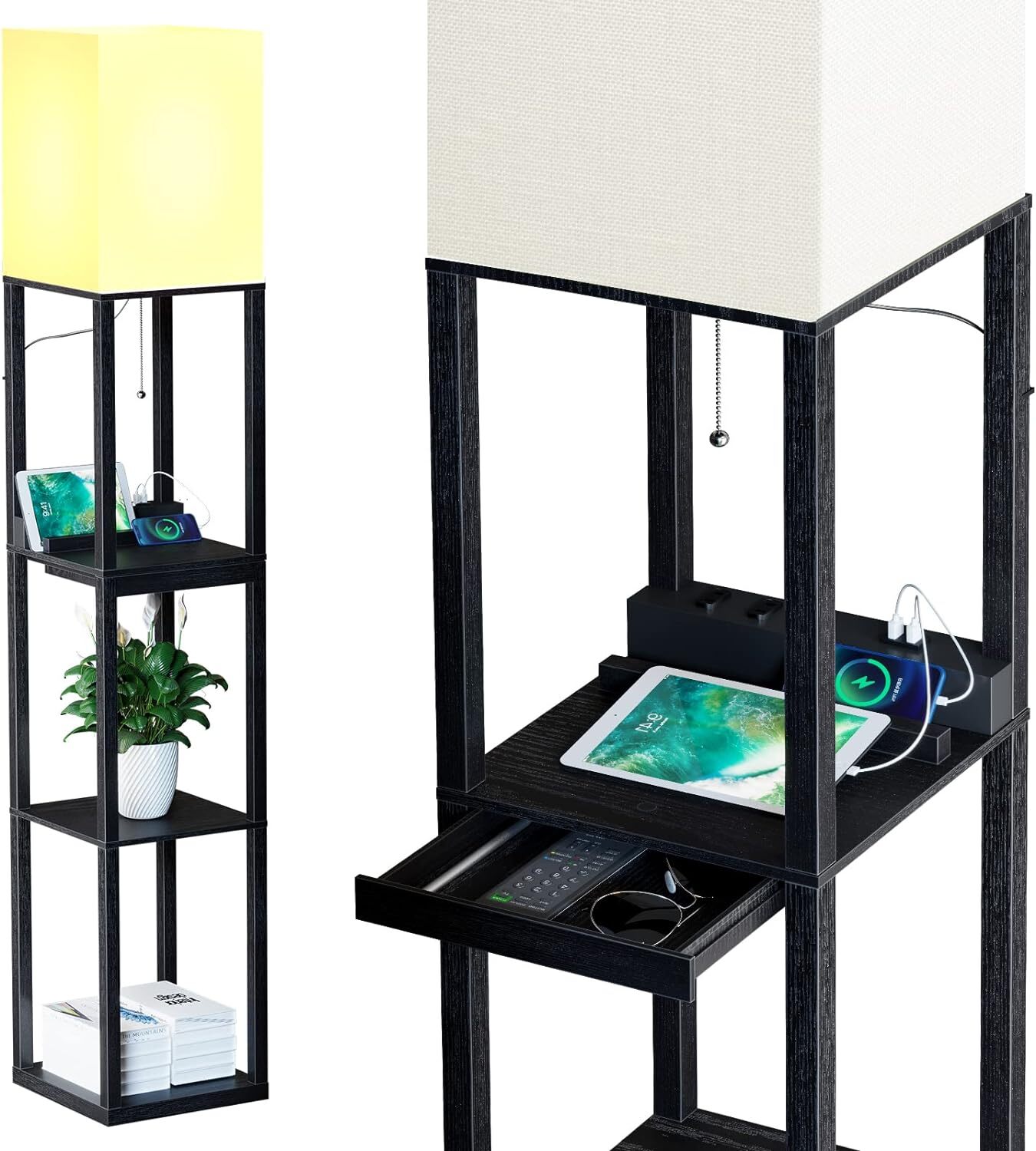 Modern Black Solid Wood Dimmable Floor Lamp with Shelves for Stylish Functionality