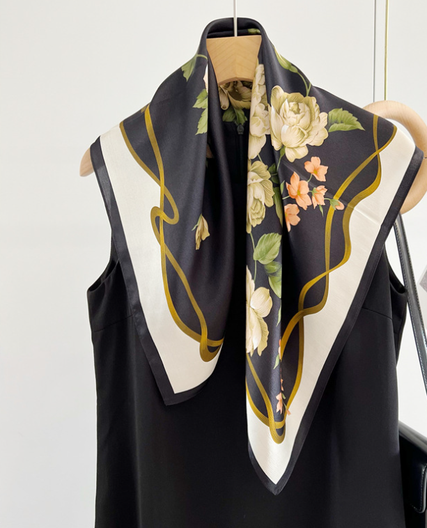 100% Mulberry Silk Square Scarf Women Bandana Neckerchief Wrap camellia 70X70cm
