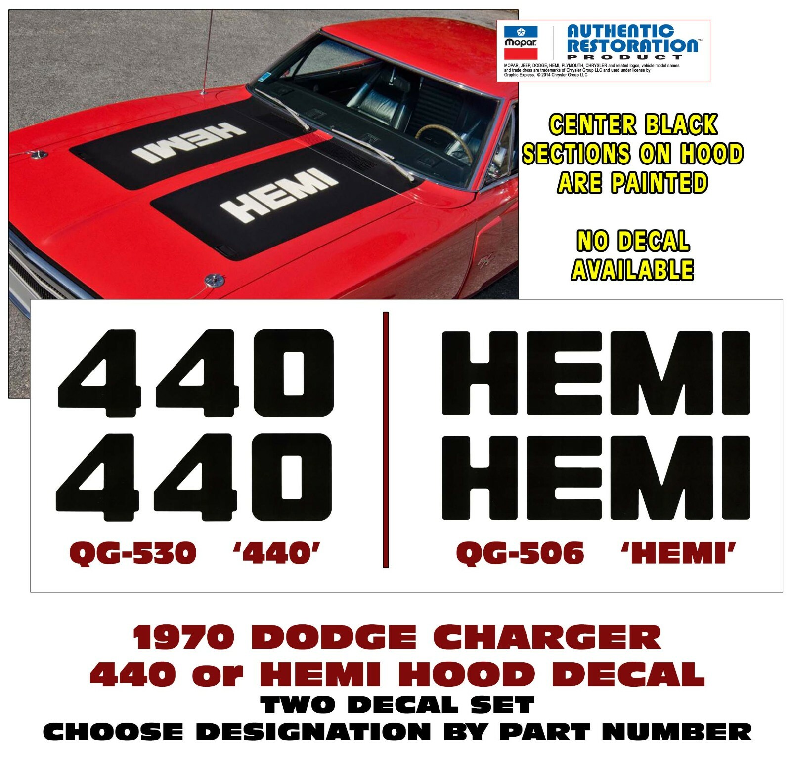 GE-QG-530 QG-506 1970 DODGE CHARGER - 440 or HEMI HOOD DECAL SET - TWO ...