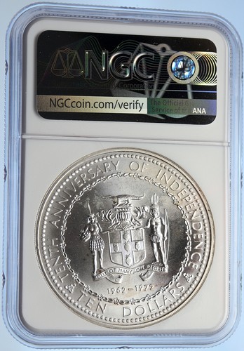 1972 JAMAICA 10th Independence Anniversary BU SILVER 10 Dollars Coin NGC i106243 - Picture 4 of 5