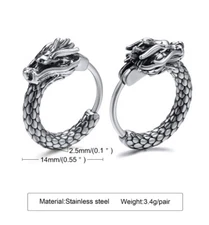Silver STAINLESS STEEL Dragon Head Huggies Hoop Earrings (1 pair)