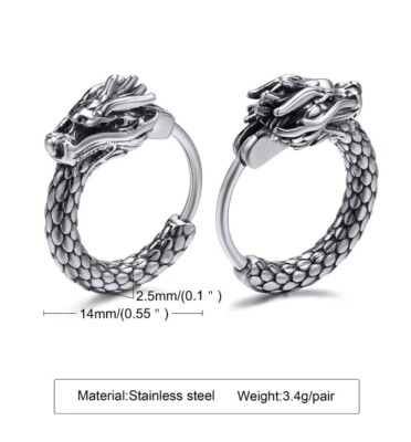 Silver STAINLESS STEEL Dragon Head Huggies Hoop Earrings (1 pair)