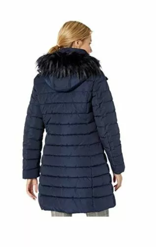 TOMMY HILFIGER MIDLENGTH PUFFER WINTER JACKET COAT W/ HOOD WOMEN NAVY SMALL - Picture 2 of 11