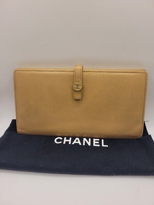 Chanel Coco Button Beige Gold Long Grained Wallet