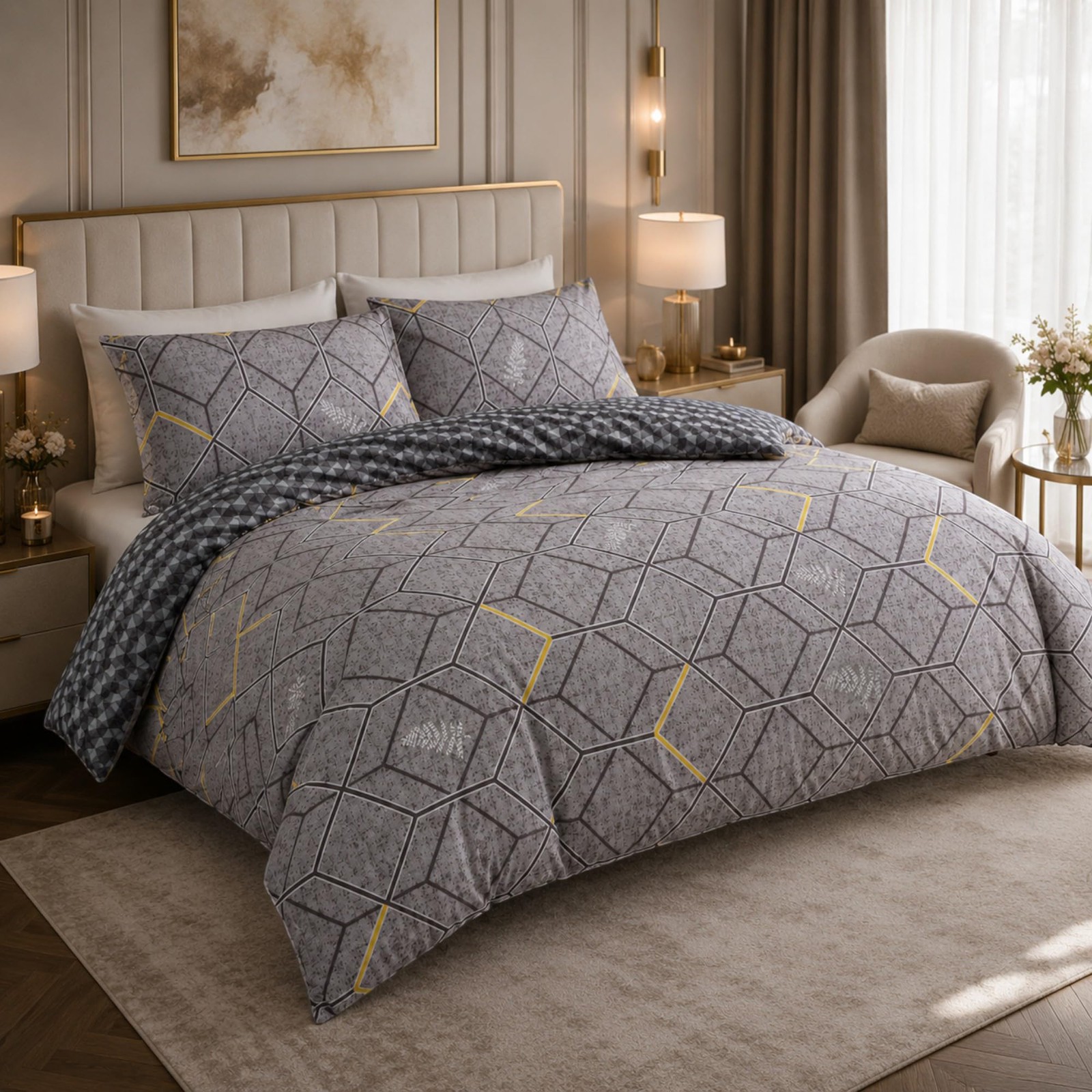 Lazzaro King Size Duvet Cover Sets (230 x 220 cm) - 3 Piece, Grey - Image 2