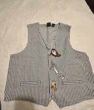 Vintage Looney Tunes Vest Striped Blue White Bugs Bunny Tweety Taz Sleeveless