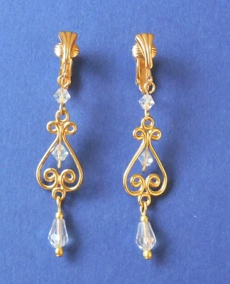LOVELY GLASS CRYSTAL GOLDEN DANGLES - CLIP ON or HOOK EARRINGS - Image 1 of 3
