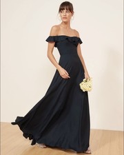 NWT Reformation Verbena Off-The-Shoulder Ruffle Trim Maxi Dress Sz 0 Navy