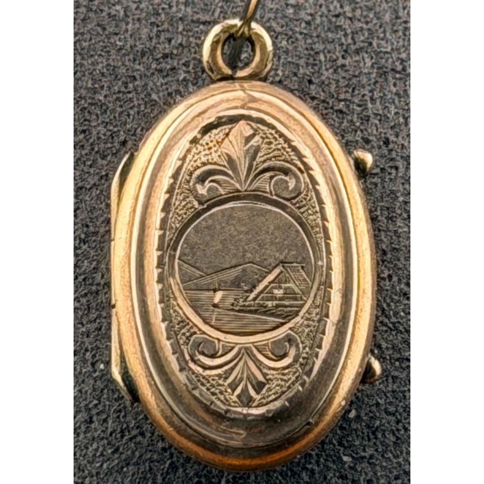 Antique Victorian 8K Gold Locket Pendant Hand Engraved Scenic Landscape XRF Tx