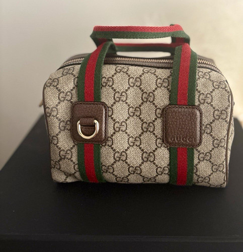 Gucci GG Monogram Canvas Top Handle Zip Bag Beige Brown Red Green Web