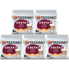 5x TASSIMO COSTA LATTE COFFEE PACKS (TOTAL 80 T-DISCS/PODS, 40 SERVINGS)