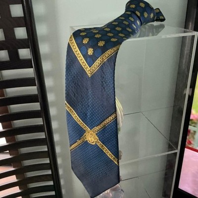 Versace Silk Tie Medusa Head Greca Greek Key Navy Blue Gold Pattern Men Necktie
