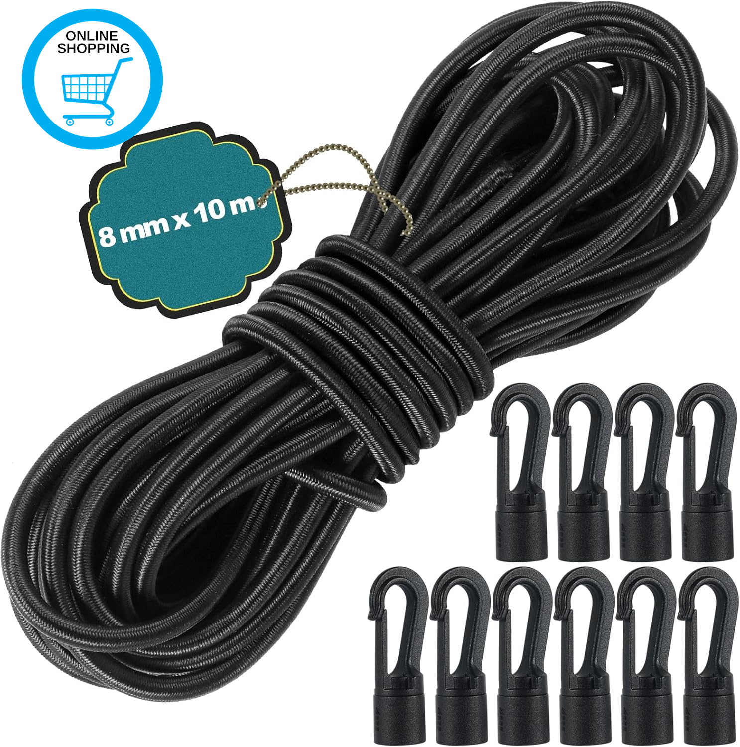 10M Elastic Cord, 8 Mm Elastic Bungee Cord, Black Thick Shock Cord Heavy Duty Bu