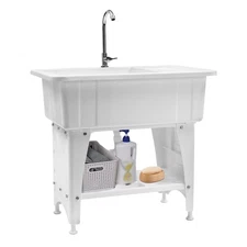 White Utility Sink Laundry Tub Freestanding Sink Wash Station w/ Faucet Home