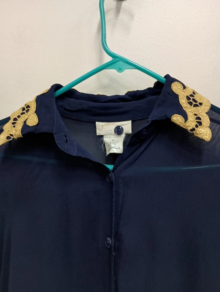 Blusa Top Mujer Gottex Años 80 Mediana Azul Marino Dorado Encaje Borde Transparente Manga Larga Foto 2 de 4
