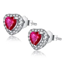 Heart Shaped Red Cubic Zirconia 925 Sterling Silver Earrings for Women