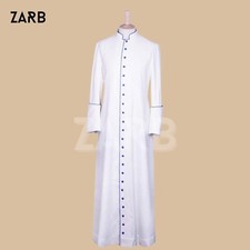 White Roman Cassock with Blue Trim   33 Button Clergy Priest Robe Vestment