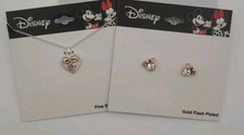 Disney Minnie Mouse Bow Fine Silver Plated Necklace And Gold Plated Earrings New