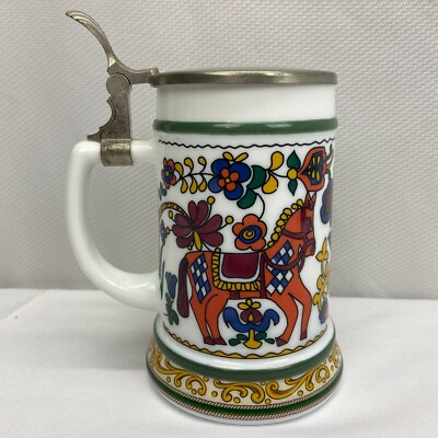 BMF BIERSEIDEL Vintage Milk Glass Lidded Covered Beer Stein Made In W.Germany