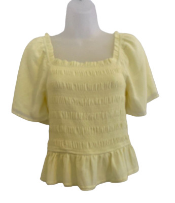 Heatherly Gale Yellow Smocked Cropped Blouse Short Sleeve Womens Size Small NWOT