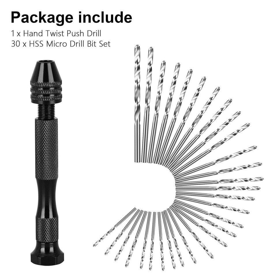 31PCS Precision Pin Vise Hobby Micro Drill Bits Mini Micro Hand Rotary ...