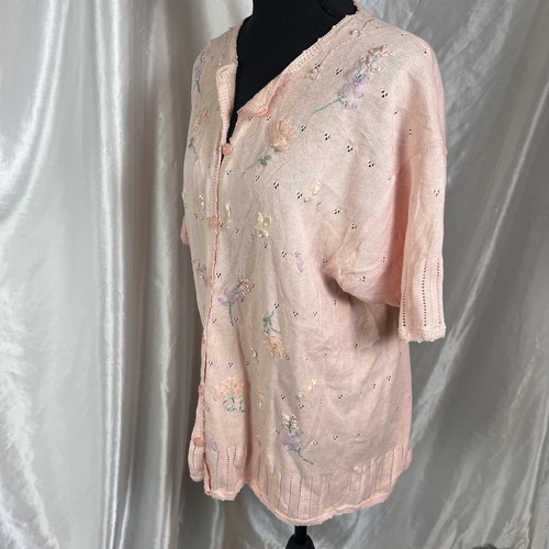 Vintage Pastel Pink Embroidered Knit Cardigan - Size Large (Fits Up to 1X) - Picture 6 of 13
