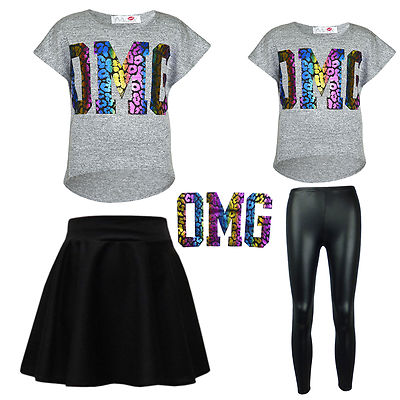 Mädchen ''OMG'' glänzendes Foliendruck Crop Top & schwarz Wetlook PVC Legging Rock Set