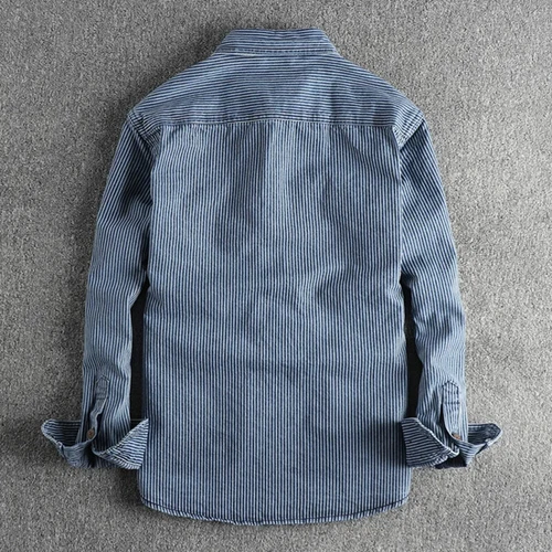 Garngefärbt Streifen Stoff gewaschen Retro Workwear Jeanshemd Herren Freizeithemd - - Bild 4 von 21