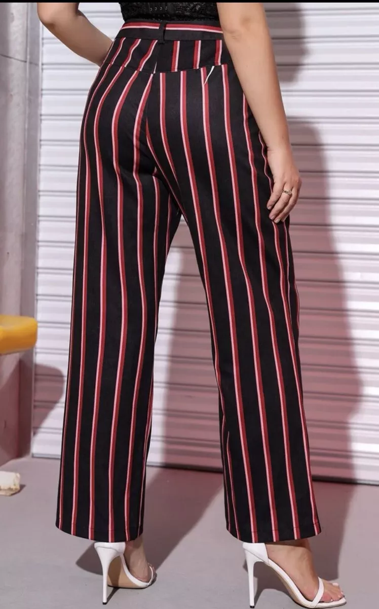 Women's Dress Pants Striped Print Red and Pink Black Slant Pocket