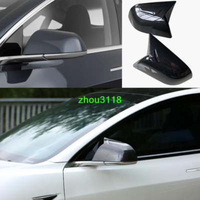 ABS Carbon Fiber Ox Horn Rear View Mirror Cover Trim For 2017-2020 Tesla Model 3