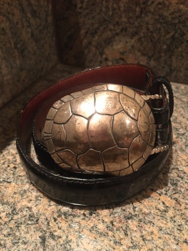 RARE!!! Kieselstein Cord Silver Turtle Buckle With Black Alligator Belt Size 0