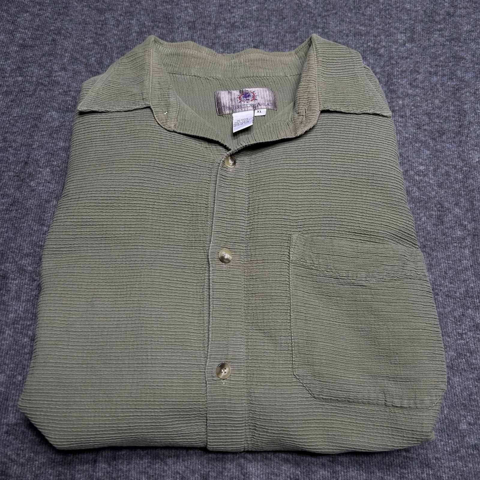 Territory Ahead Textured Seersucker Green Cotton Stripe Button Shirt XL Hiking